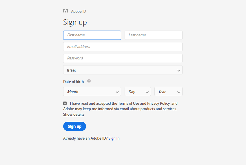 מסך רישום לחשבון Adobe ID של פוטושופ להורדה